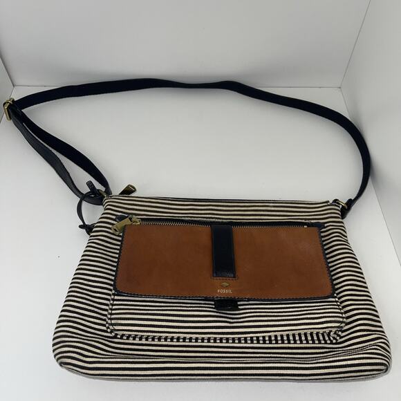 Fossil Kinley Black and White Brown Leather Accent Striped Crossbody Bag - Purse - Picture 1 of 12